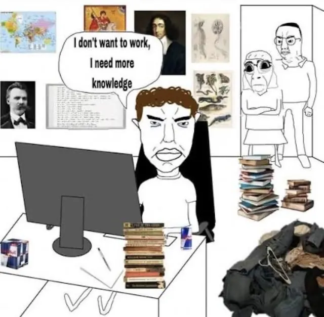 meme: i don't want to work, i need more knowledge